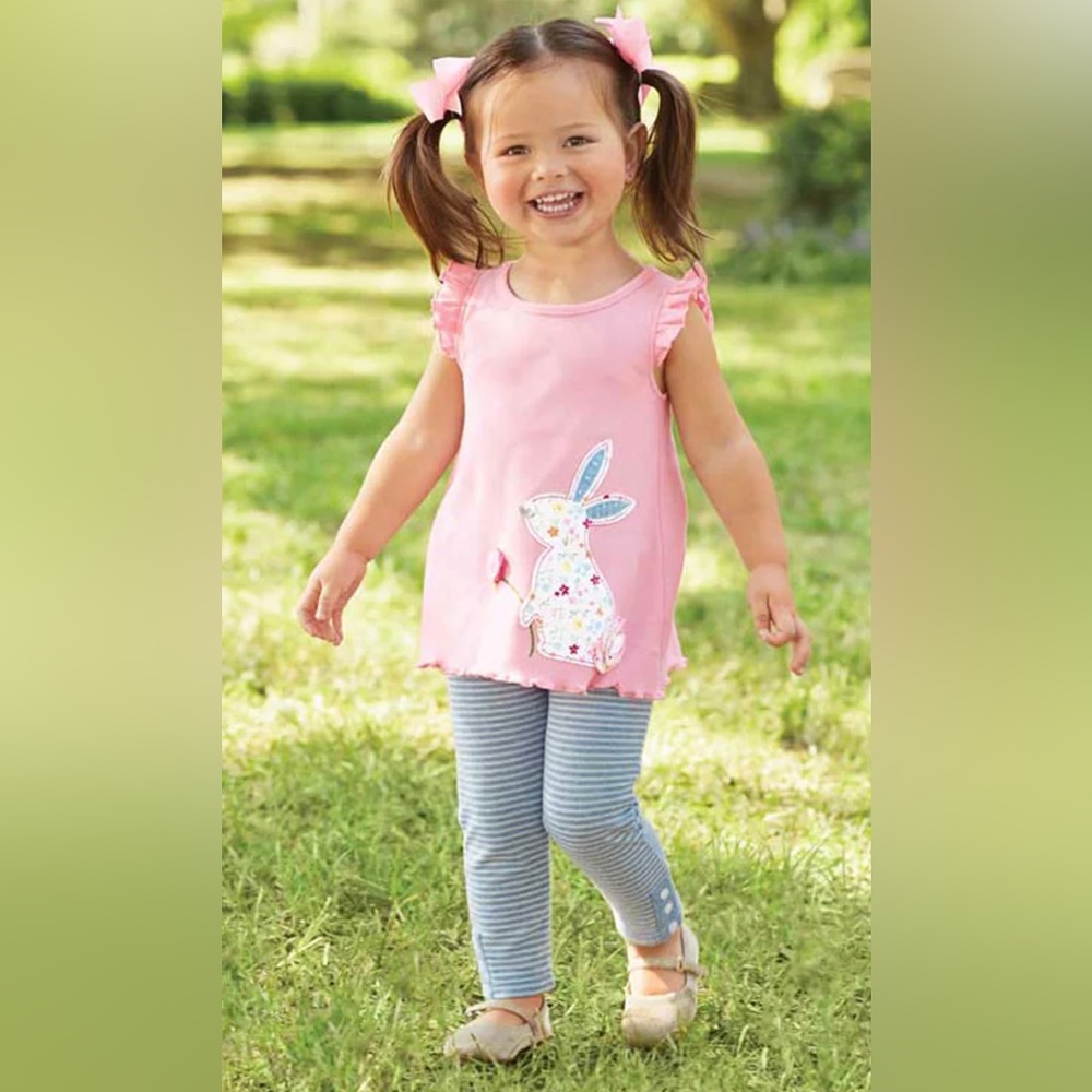 NWT Mud  Pie 2 piece tunic & striped legging set applique bunny & flower Easter
